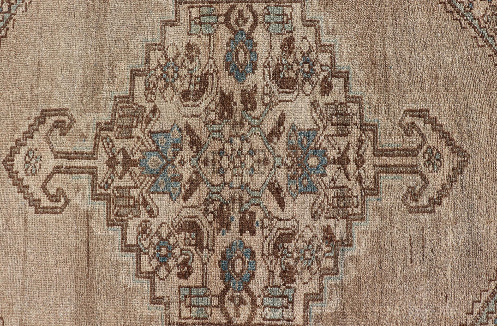 Hand-Knotted Antique Persian Hamadan Rug with Medallion Design in Tan, Light Blue & Brown For Sale