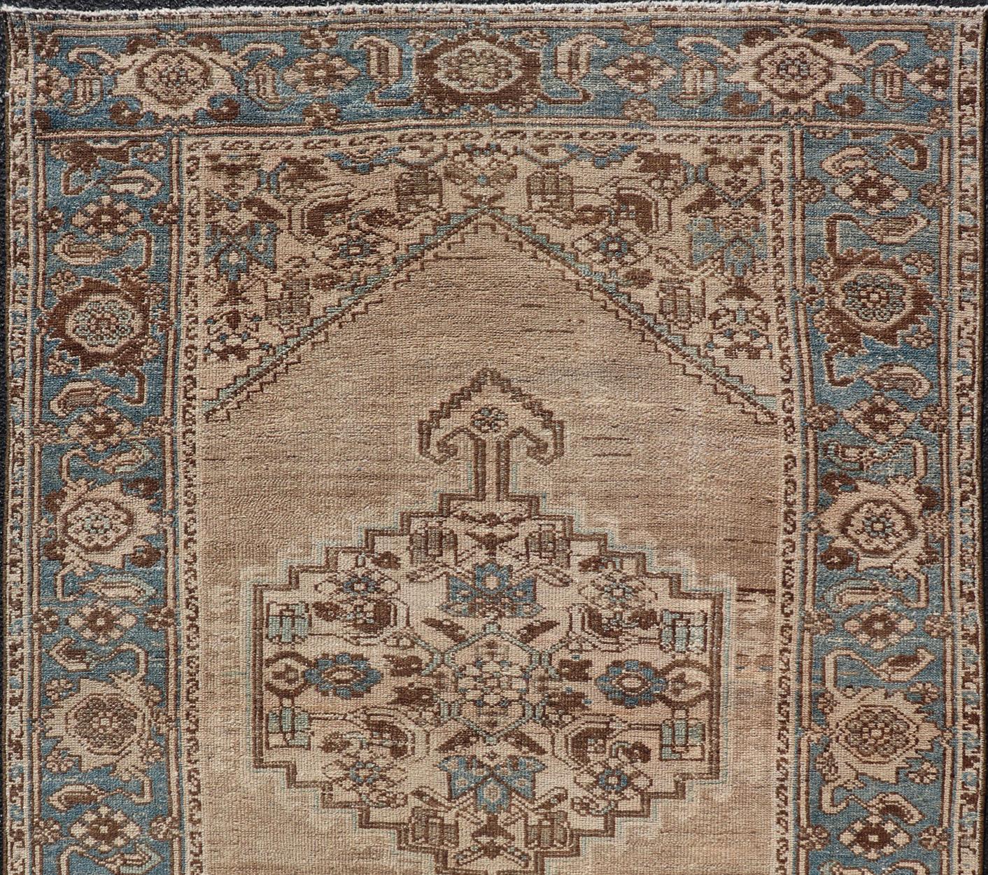Wool Antique Persian Hamadan Rug with Medallion Design in Tan, Light Blue & Brown For Sale