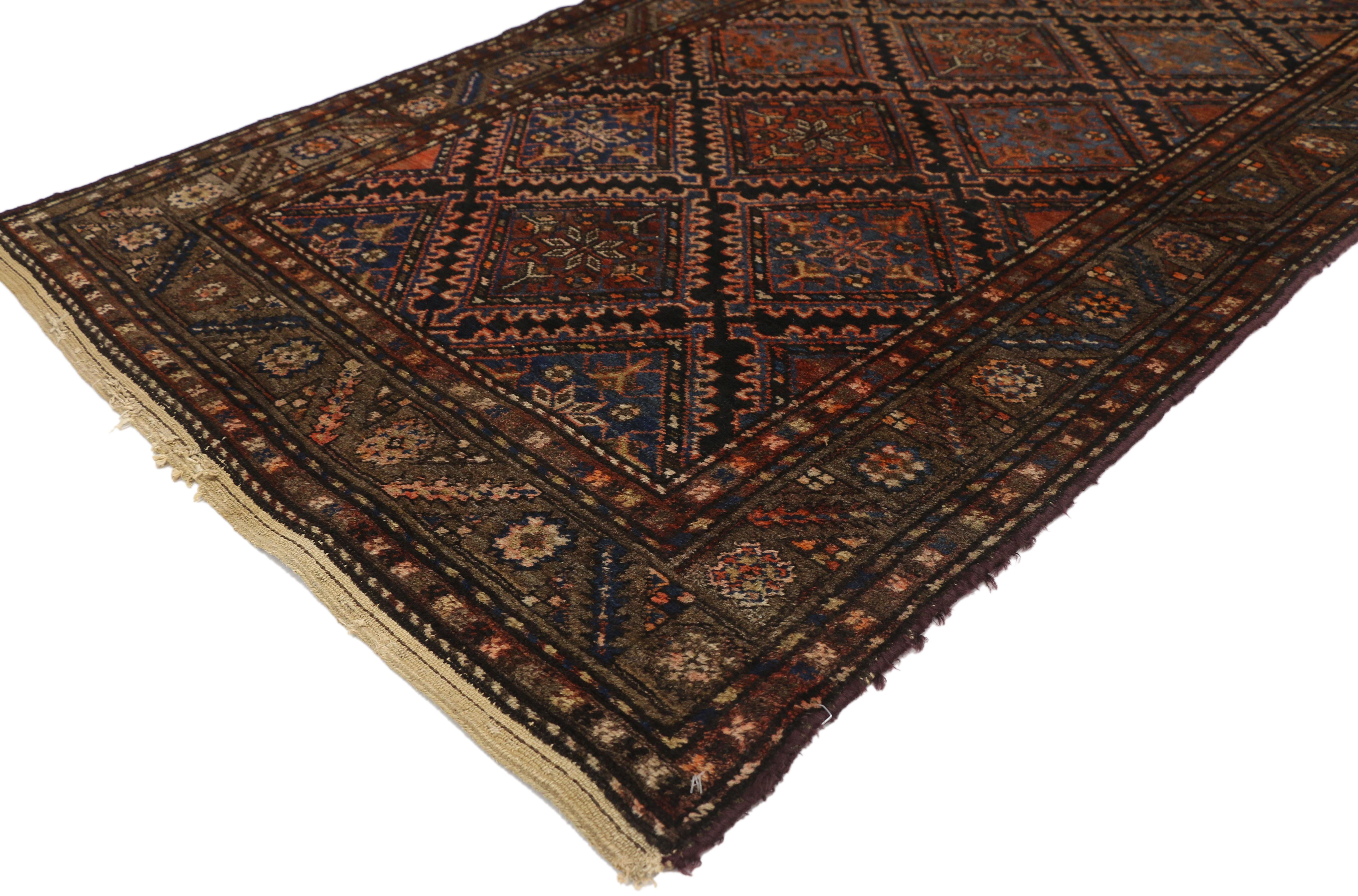 72457, antique Persian Hamadan rug with Mid-Century Modern tribal style. With a timeless design aesthetic and mid-century modern style, this hand-knotted wool antique Persian Hamadan rug features a diamond lattice with a botanical pattern. It is