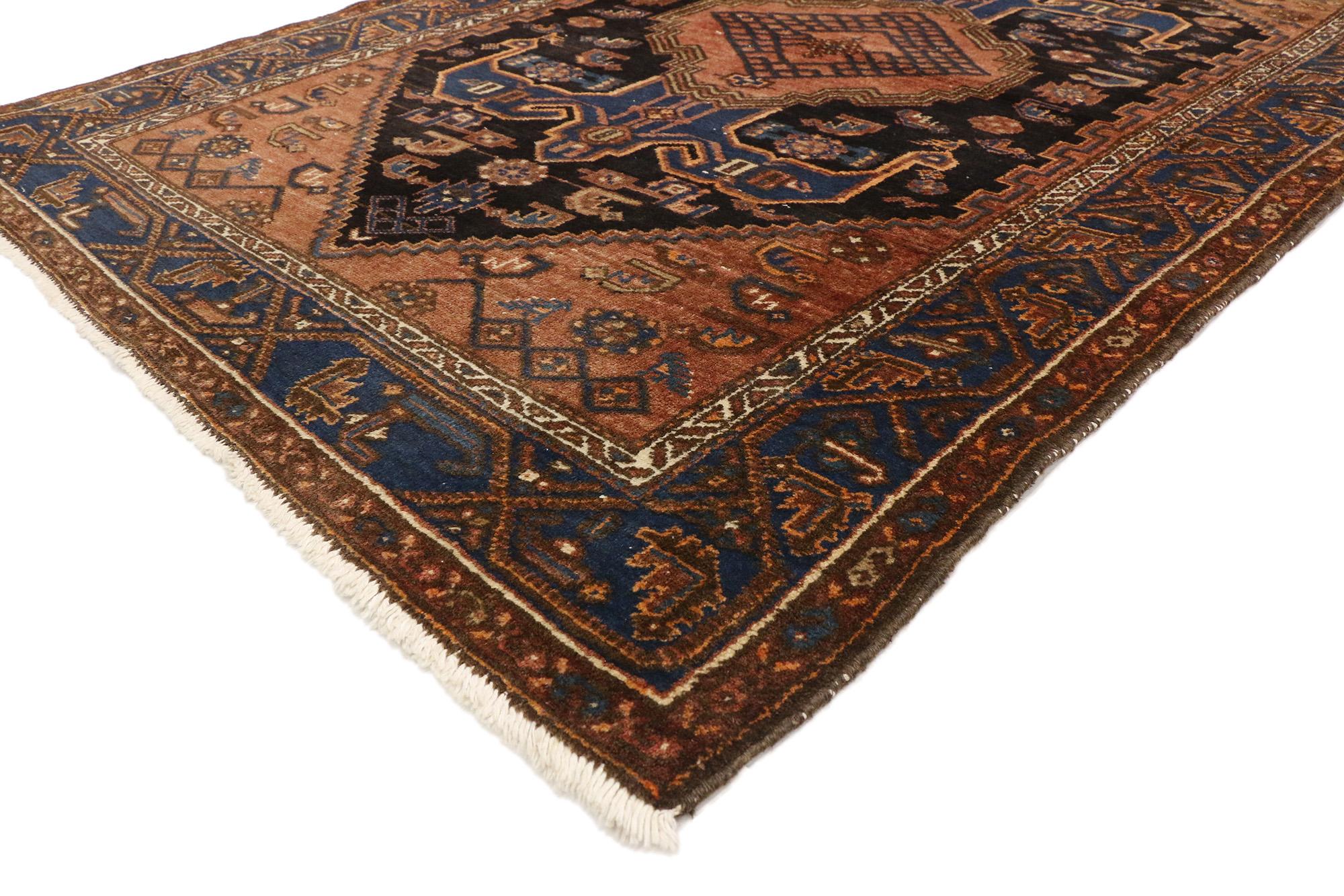 20444 Antique Persian Nahavand Hamadan Rug, 05'00 x 06'04. Step into the enchanting allure of this antique Persian Nahavand Hamadan rug, where charisma meets stately presence in a captivating dance of modern tribal elegance. This extraordinary rug