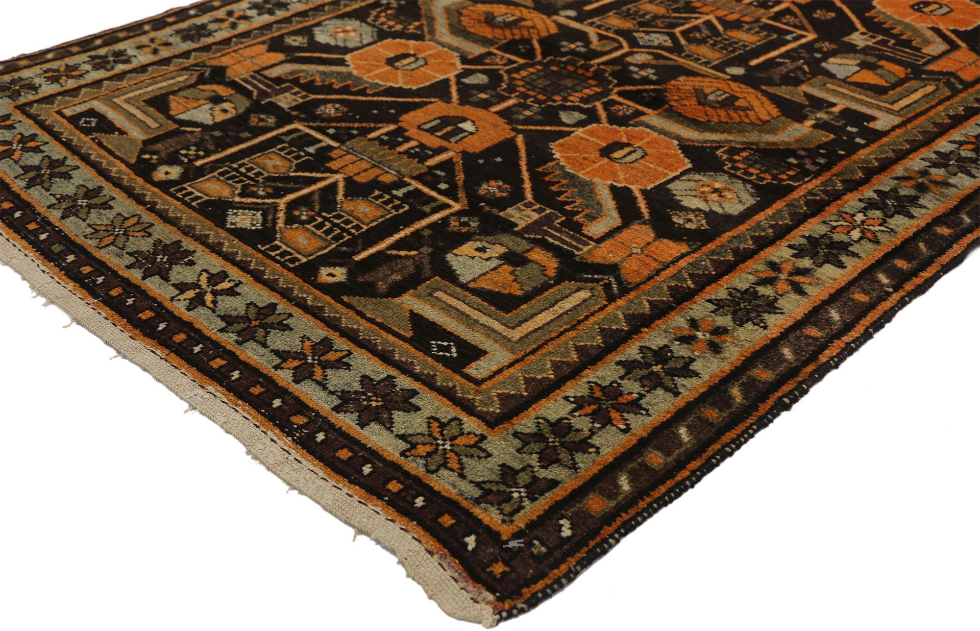 72607 Antique Persian Hamadan Rug with Mid-Century Modern Style 03'07 x 04'05. Full of tiny details and a bold expressive design combined with lively colors and MCM style, this hand-knotted wool antique Persian Hamadan rug is a captivating vision of