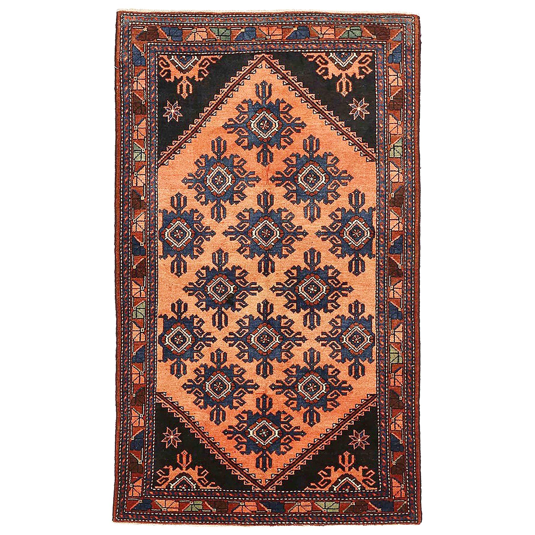 Antique Persian Hamadan Rug with Navy and Brown Floral Details on Black Field