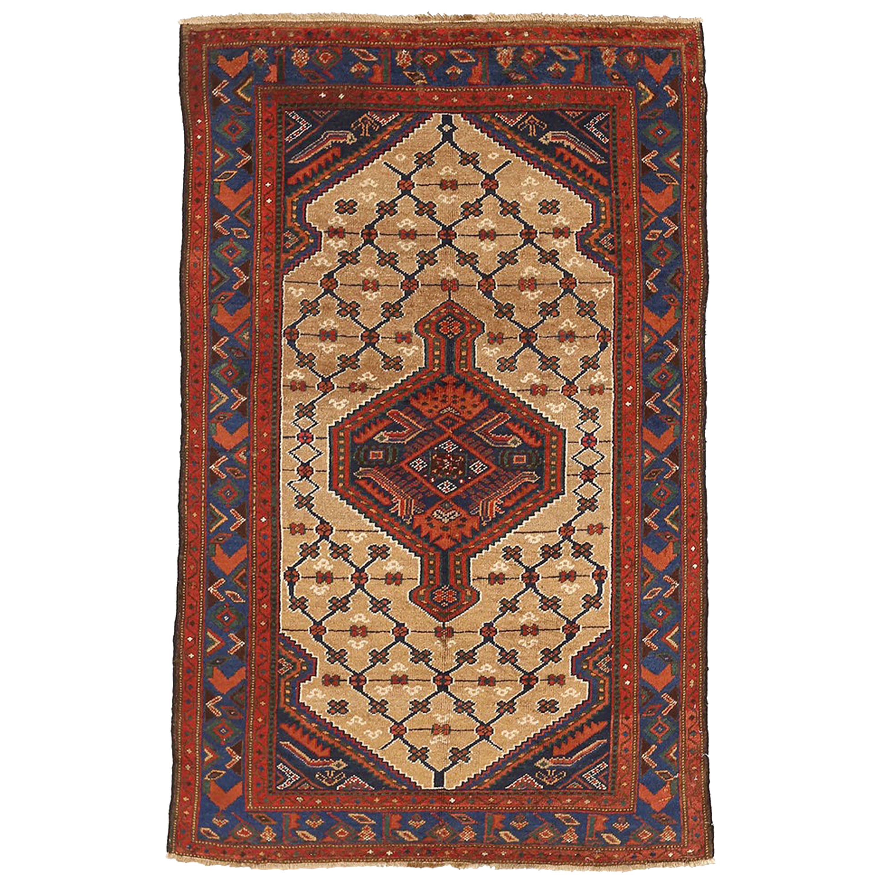Antique Persian Hamadan Rug with Navy and Red Central Medallion on Beige Field