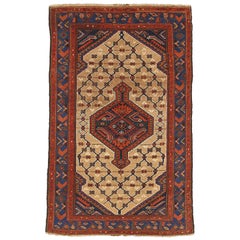 Vintage Persian Hamadan Rug with Navy and Red Central Medallion on Beige Field