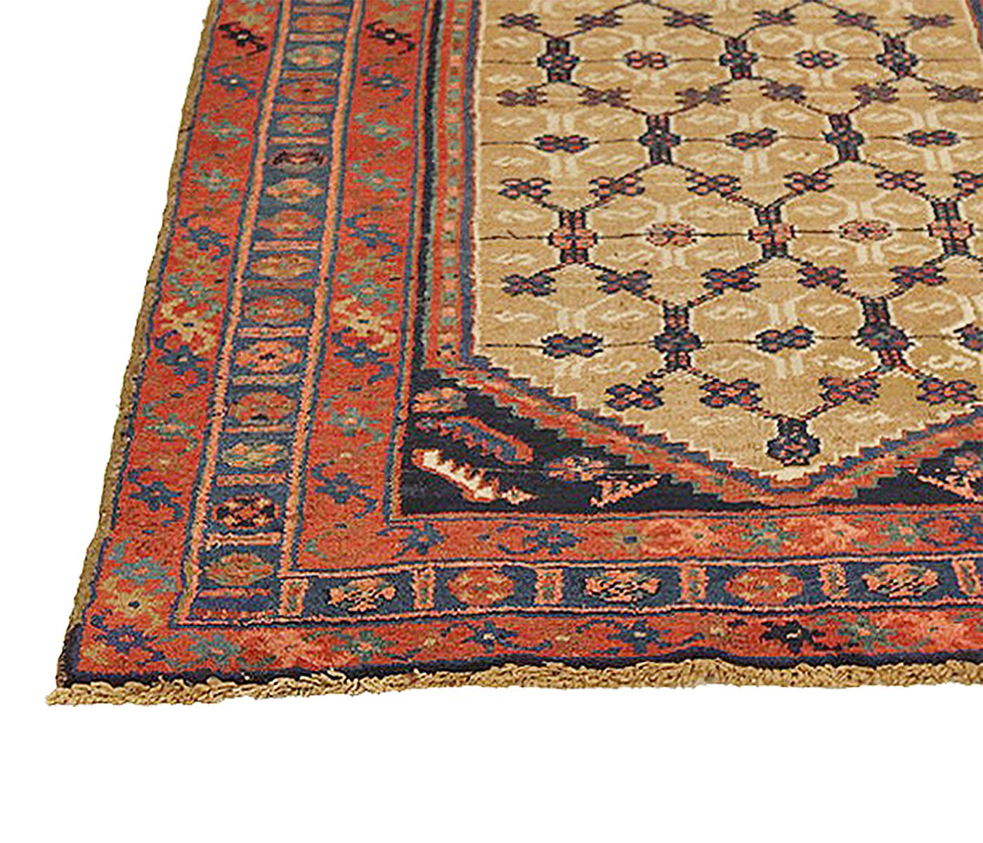 Islamic Antique Persian Hamadan Rug with Navy and Red Floral Details on Beige Field For Sale