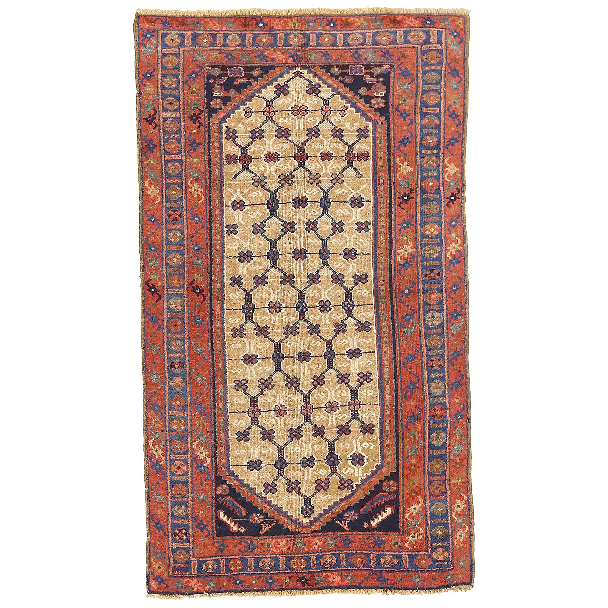 Antique Persian Hamadan Rug with Navy and Red Floral Details on Beige Field