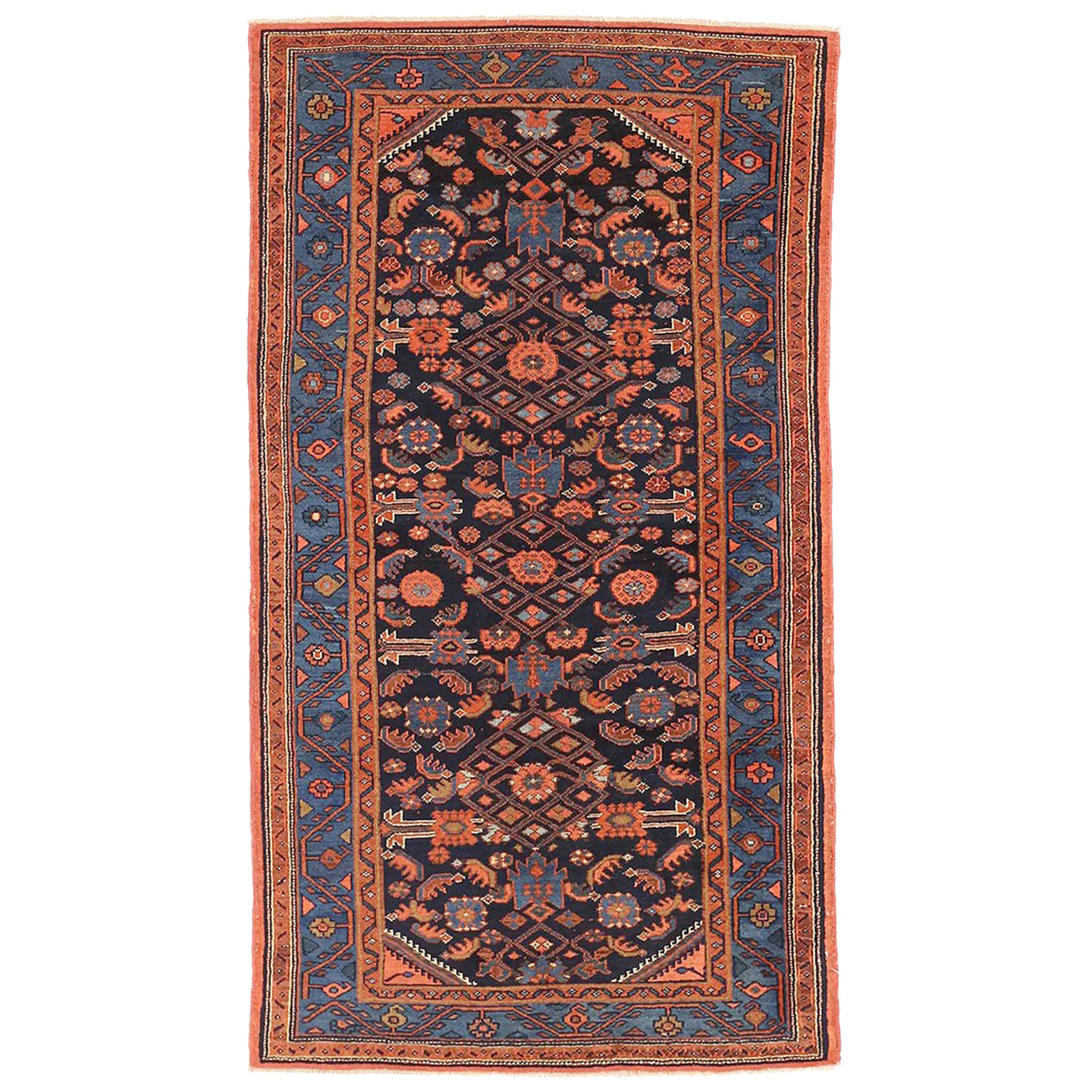 Antique Persian Hamadan Rug with Navy and Red Floral Details on Black Field