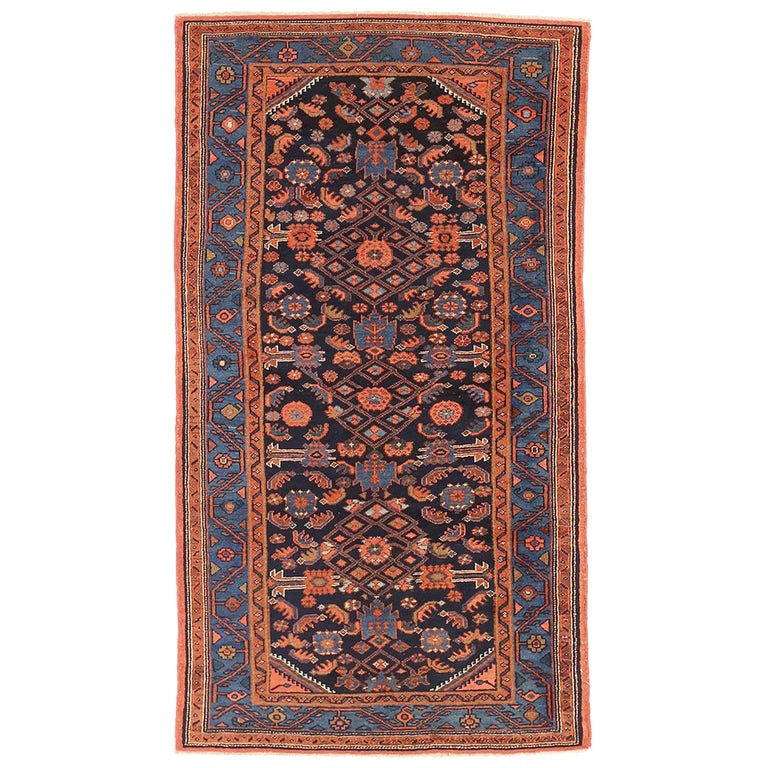 Antique Persian Hamadan Rug with Navy and Red Floral Details on Black ...