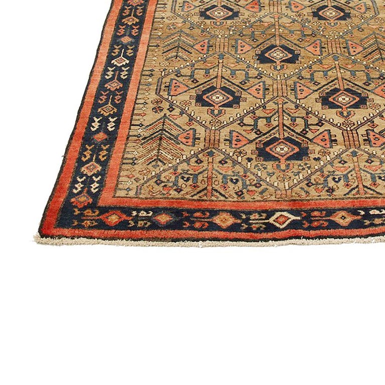 Antique Persian Hamadan Rug with Pink and Navy Floral Details on Beige