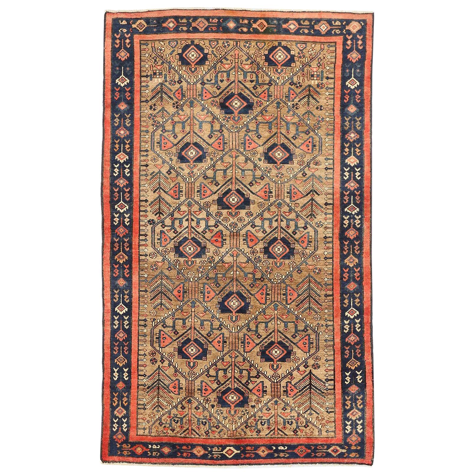 Antique Persian Hamadan Rug with Pink & Navy Floral Details on Beige Field For Sale