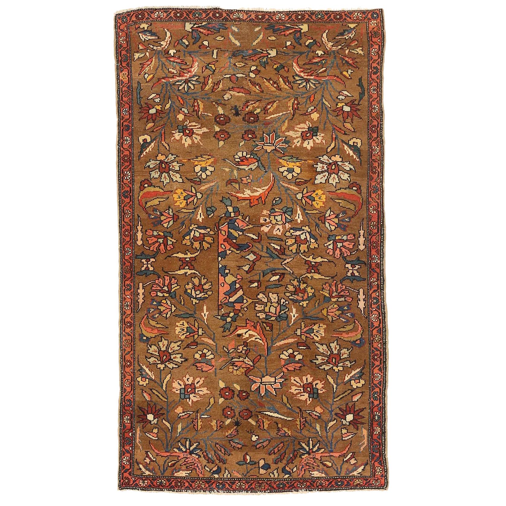 Antique Persian Hamadan Rug with Pink & Navy Flower Details on Brown Field For Sale