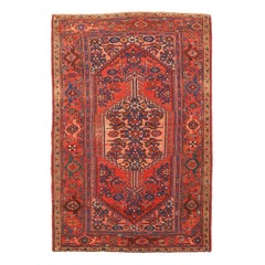 Antique Persian Hamadan Rug with Red and Navy Floral Details