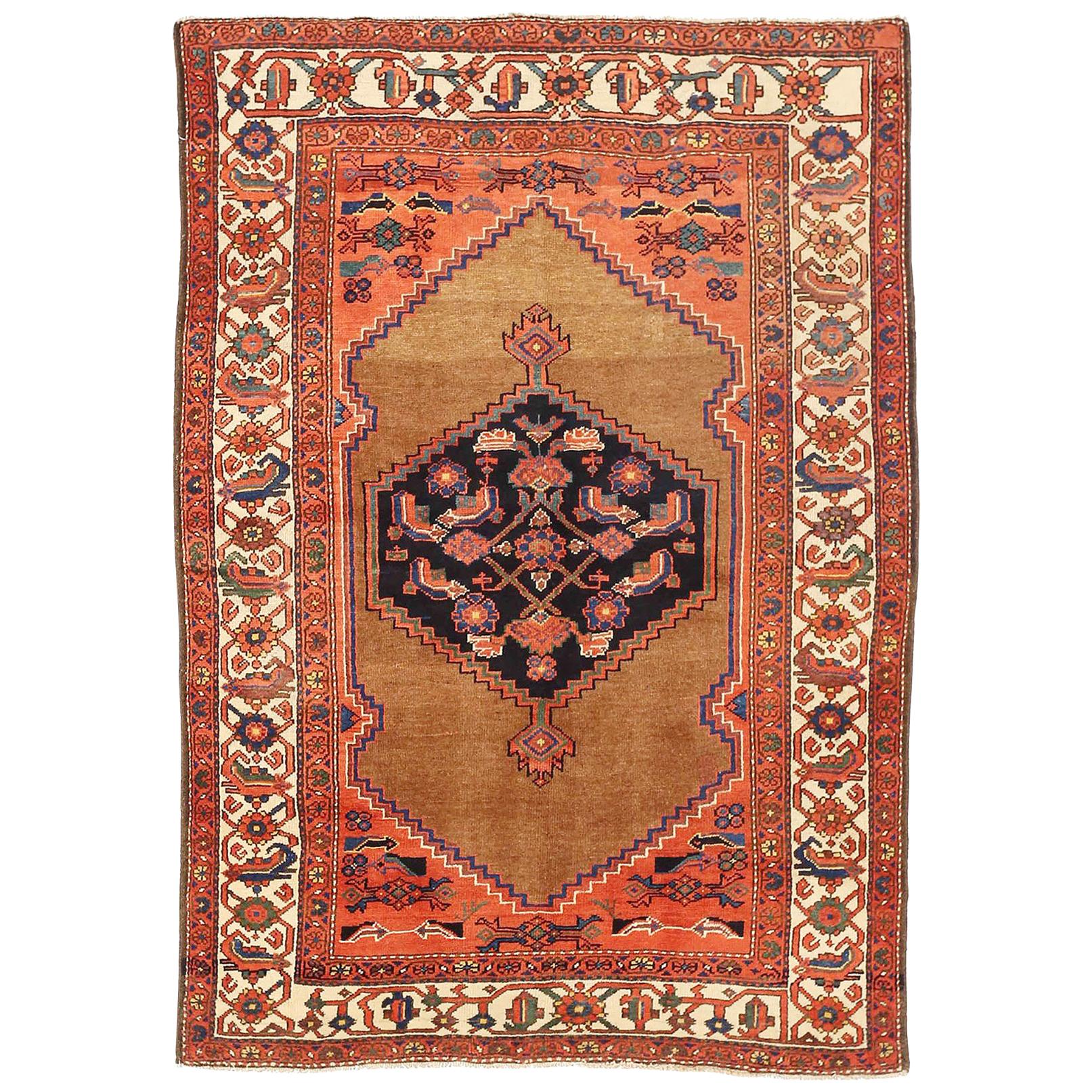 Antique Persian Hamadan Rug with Red & Black Florals on Beige & Orange Field For Sale