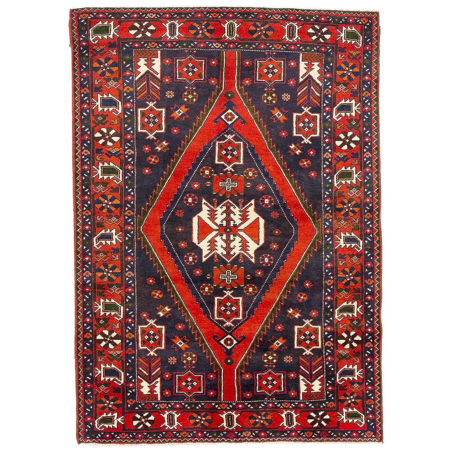 Antique Persian Hamadan Rug with Red, White and Blue Geometric Patterns