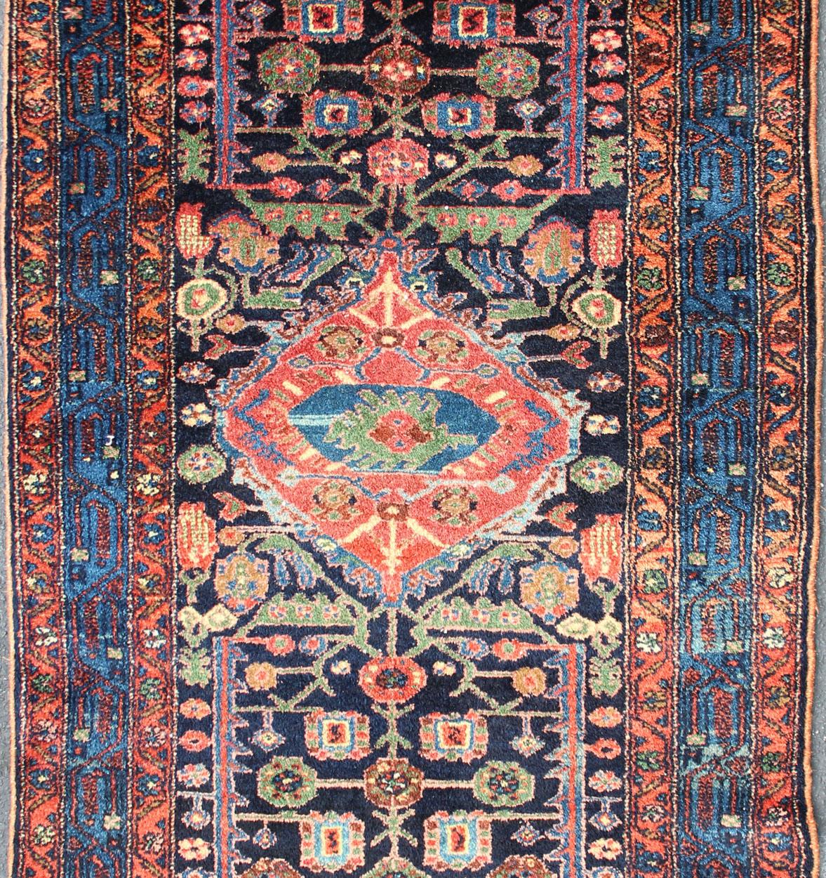 Hand-Knotted Antique Persian Hamadan Rug with Vibrant Geometric Floral Motifs 3'4 x 6'4 For Sale