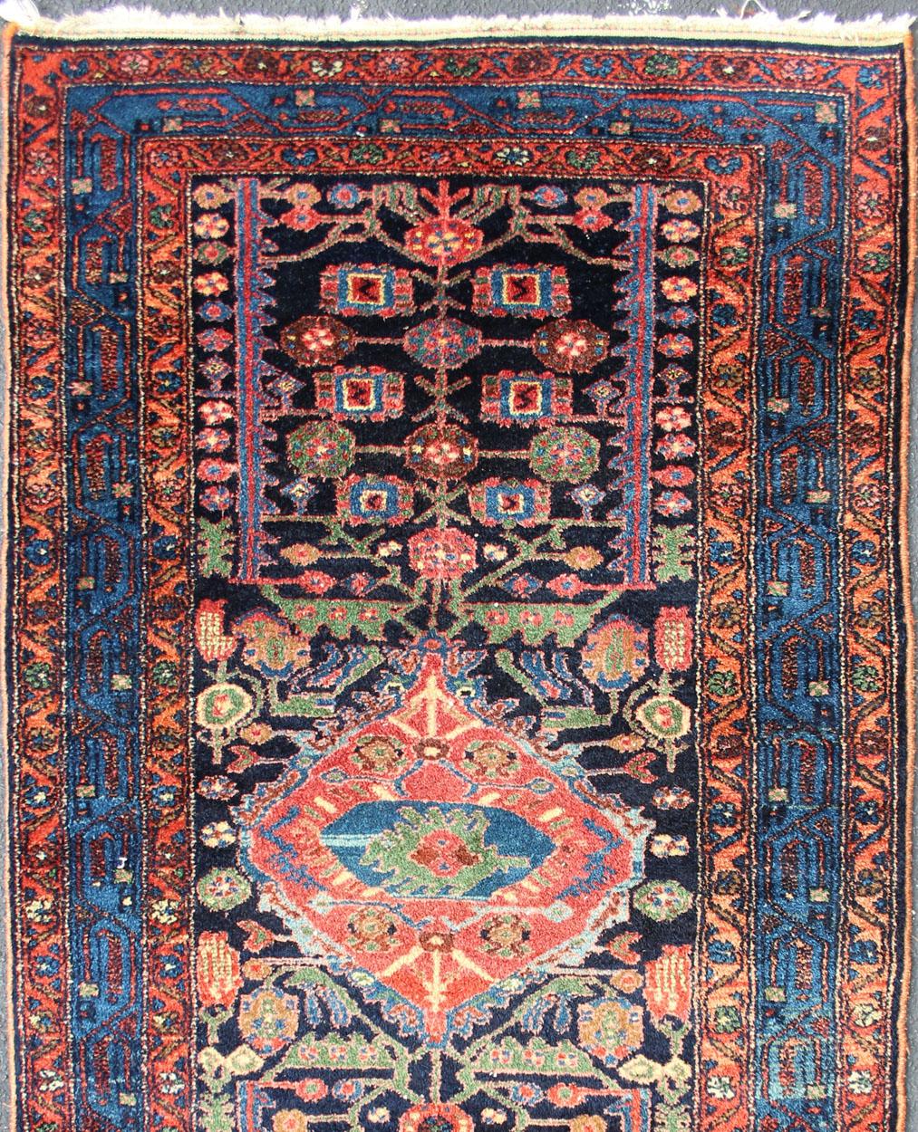 Wool Antique Persian Hamadan Rug with Vibrant Geometric Floral Motifs 3'4 x 6'4 For Sale