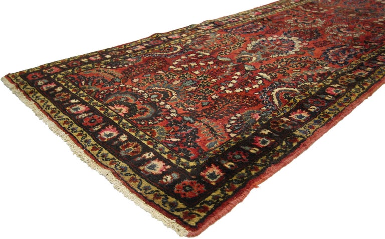 73685 Antique Persian Hamadan Runner, Extra-Long Persian Hallway Runner, Sarouk Style. The harmony of the jewel-toned color palette combined with its impressive all-over pattern of florals, this antique Persian Hamadan carpet runner captures a