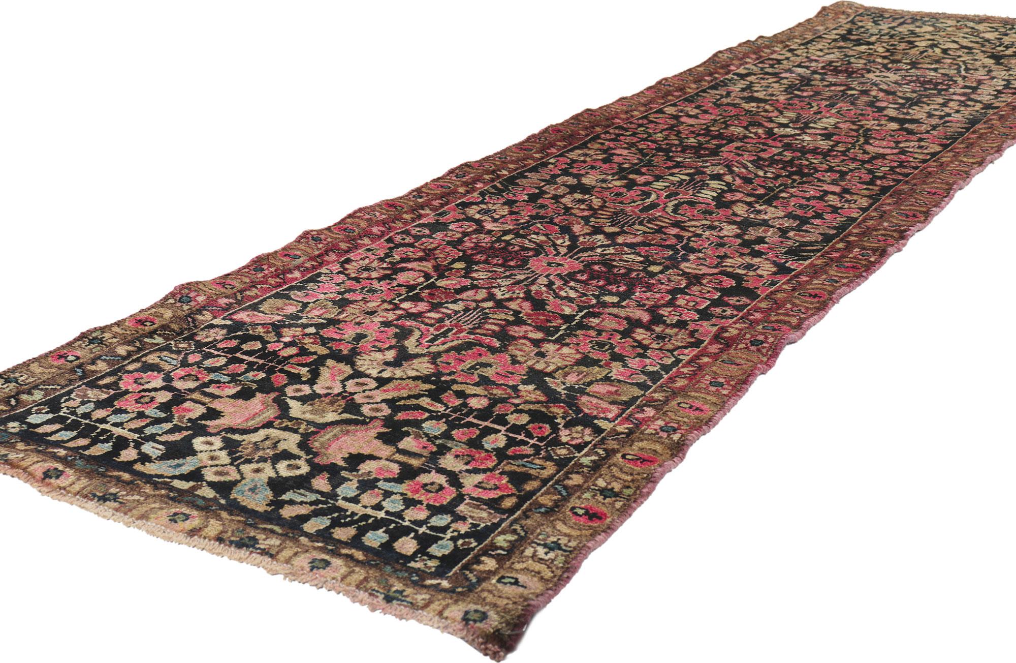 61199 Antique Persian hamadan runner, 02'03 x 09'04.
?With its timeless style, incredible detail and texture, this hand knotted wool antique Persian Hamadan runner is a captivating vision of woven beauty. The geometric Sarouk design and refined