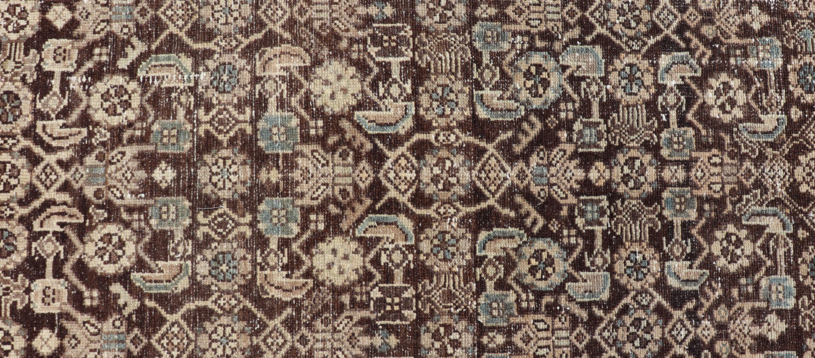 Antique Persian Hamadan Runner in Warm Tones of Grey, Brown, and L. Brown For Sale 3