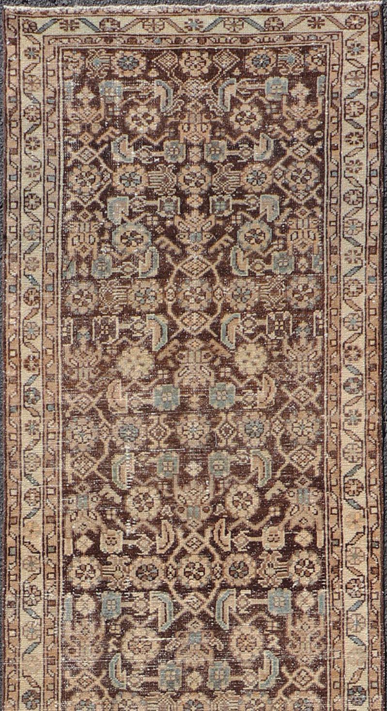 Malayer Antique Persian Hamadan Runner in Warm Tones of Grey, Brown, and L. Brown For Sale