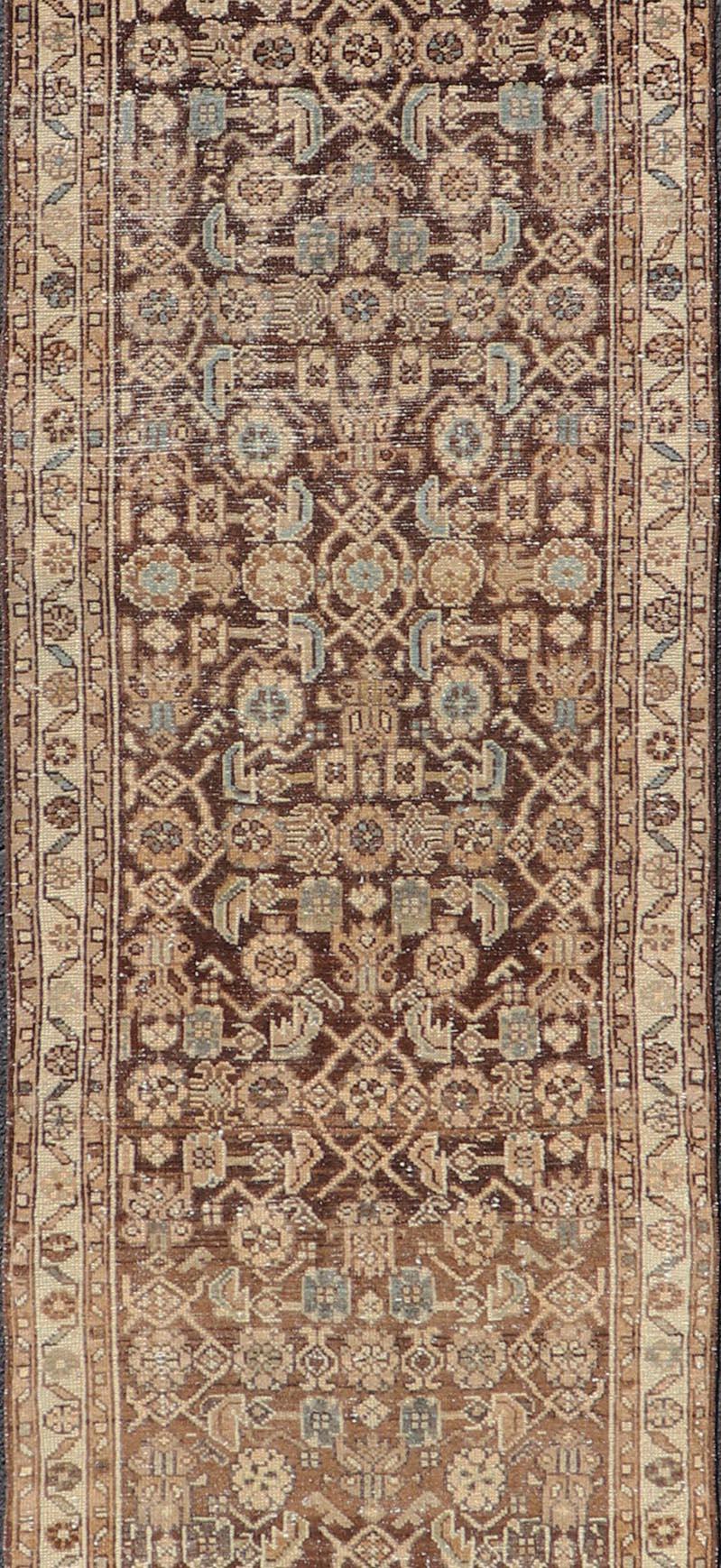 Hand-Knotted Antique Persian Hamadan Runner in Warm Tones of Grey, Brown, and L. Brown For Sale