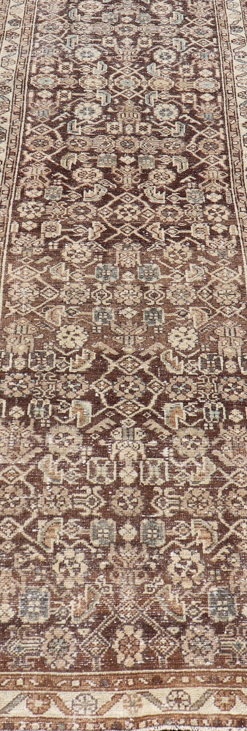 20th Century Antique Persian Hamadan Runner in Warm Tones of Grey, Brown, and L. Brown For Sale