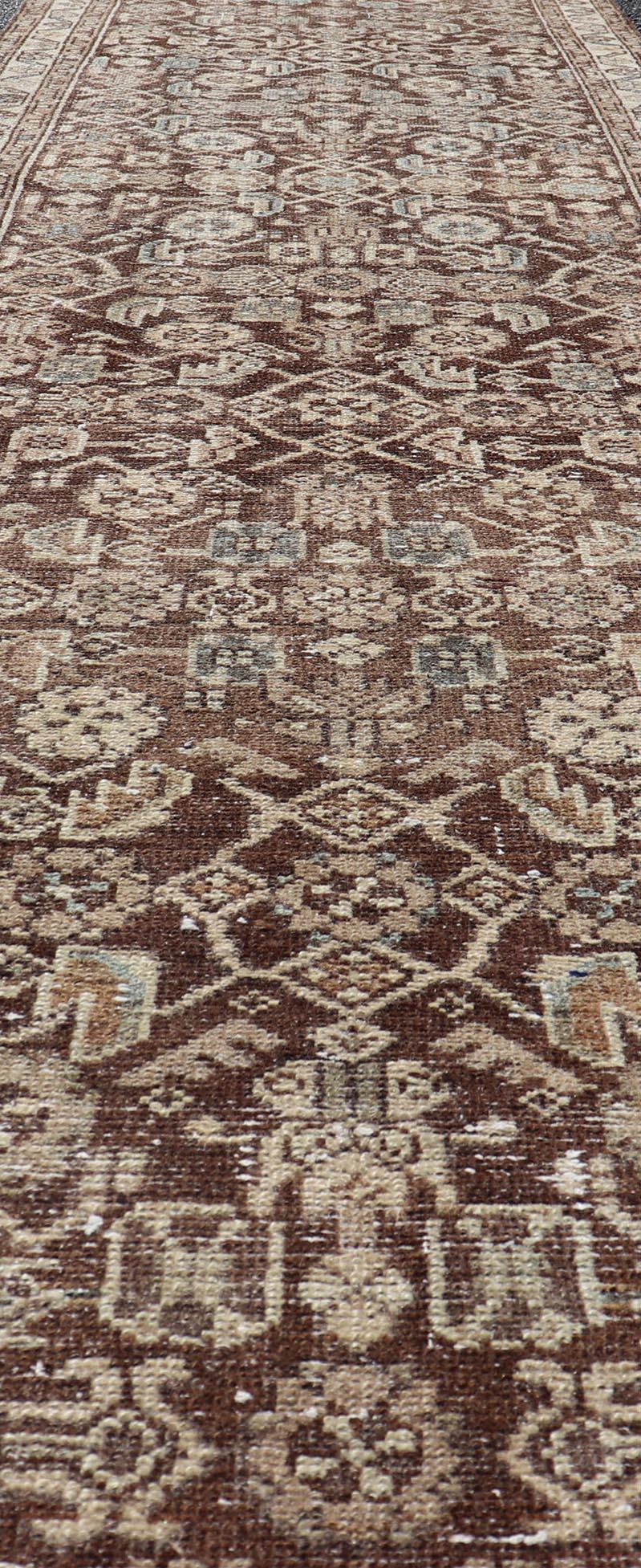 Antique Persian Hamadan Runner in Warm Tones of Grey, Brown, and L. Brown For Sale 1