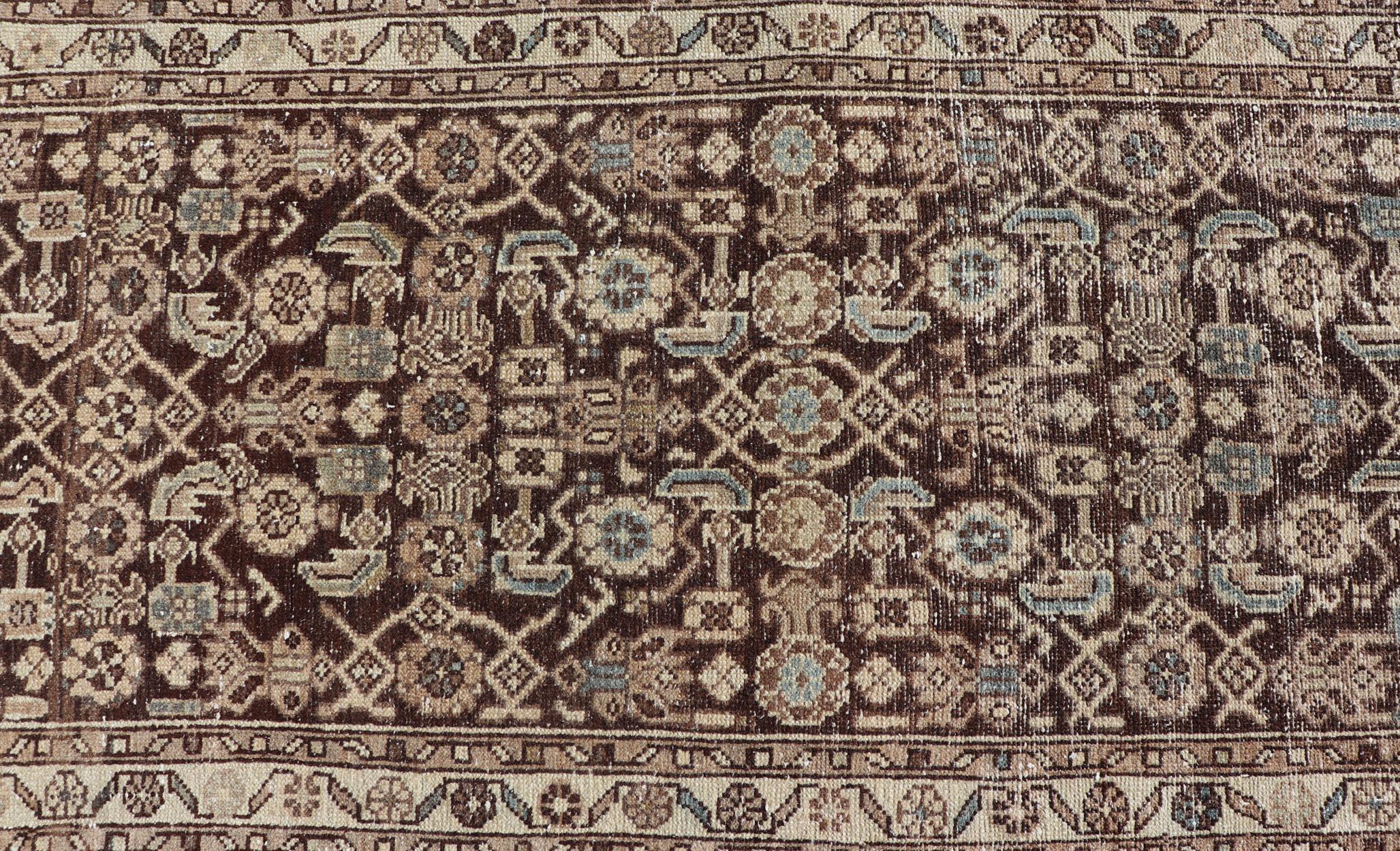 Antique Persian Hamadan Runner in Warm Tones of Grey, Brown, and L. Brown For Sale 2