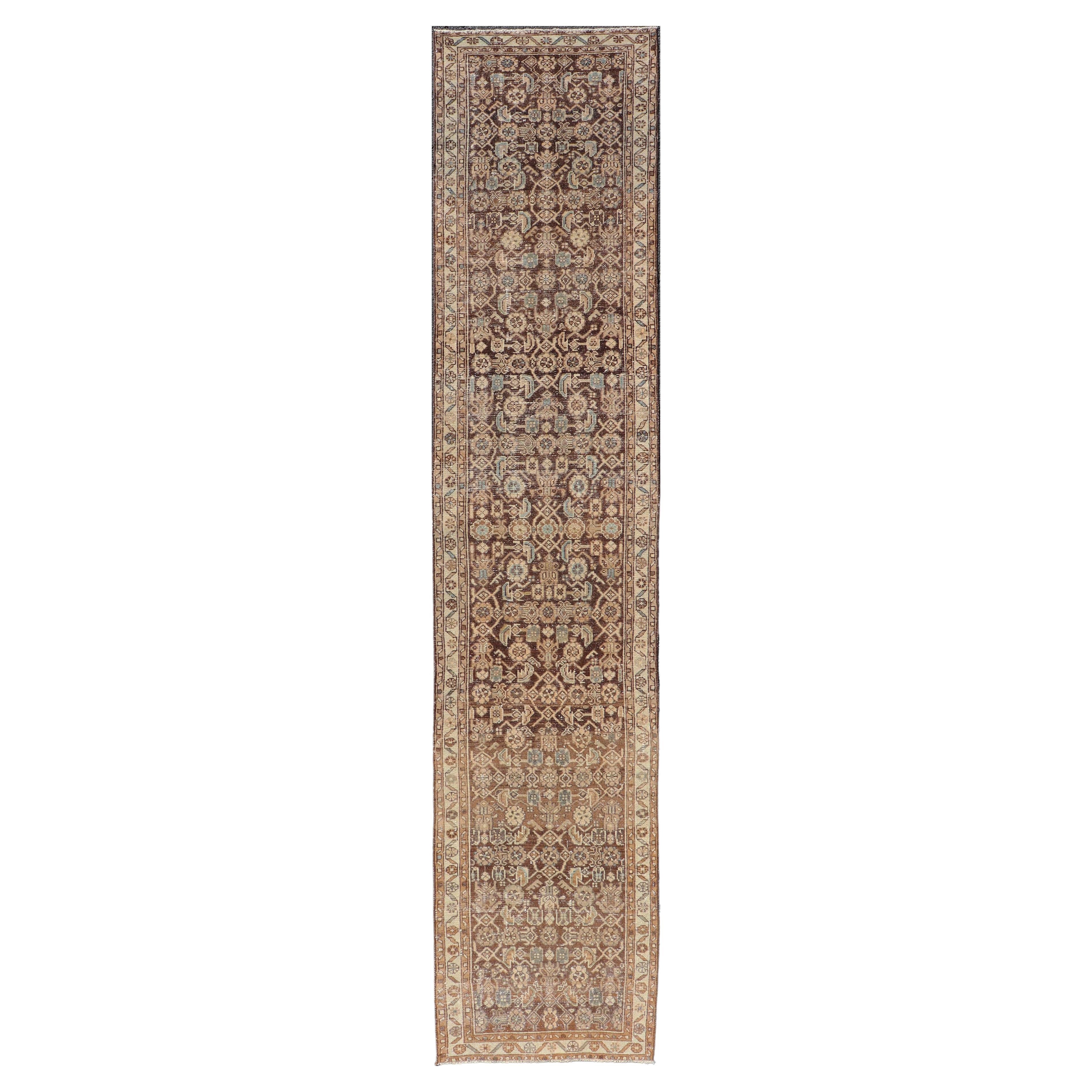 Antique Persian Hamadan Runner in Warm Tones of Grey, Brown, and L. Brown For Sale