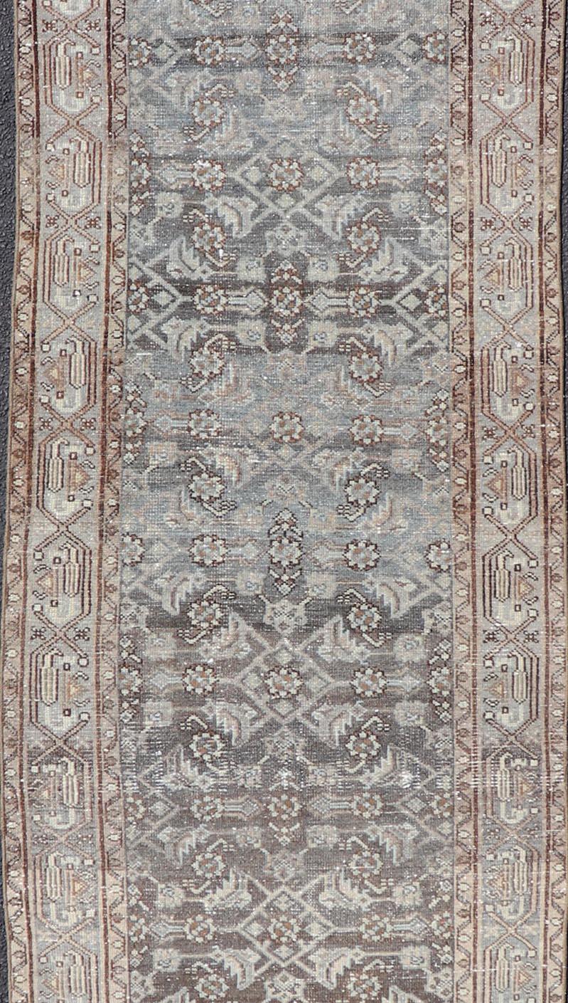 Antique Persian Hamadan Runner in Wool with All-Over Floral Design For Sale 1
