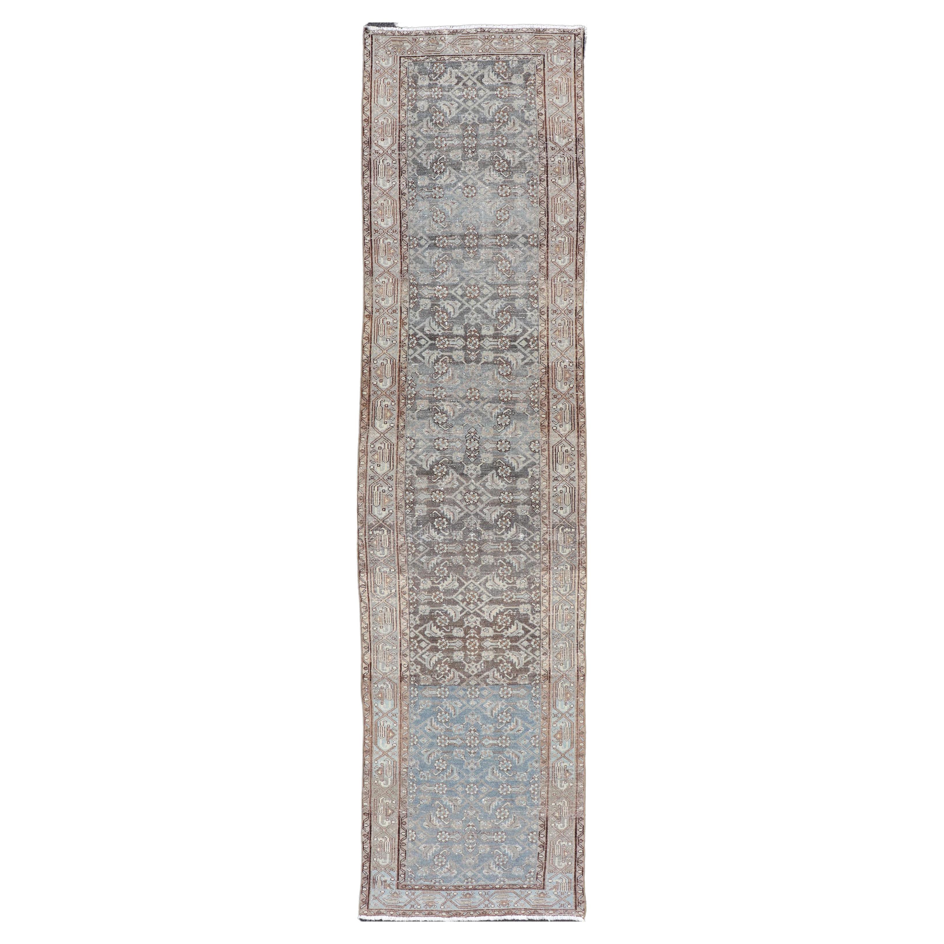 Antique Persian Hamadan Runner in Wool with All-Over Floral Design For Sale