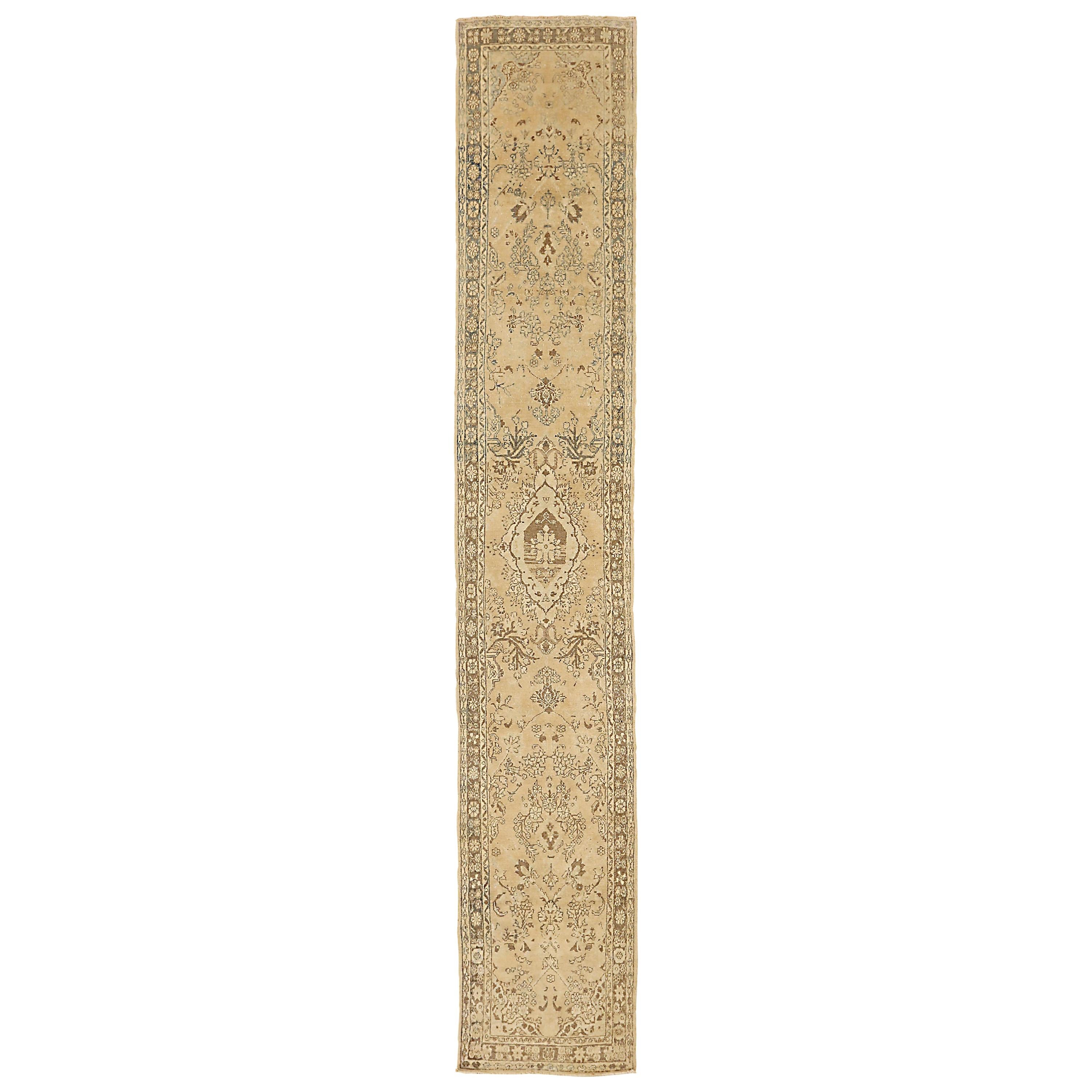 Antique Persian Hamadan Runner Rug with Brown and Ivory Floral Details For Sale