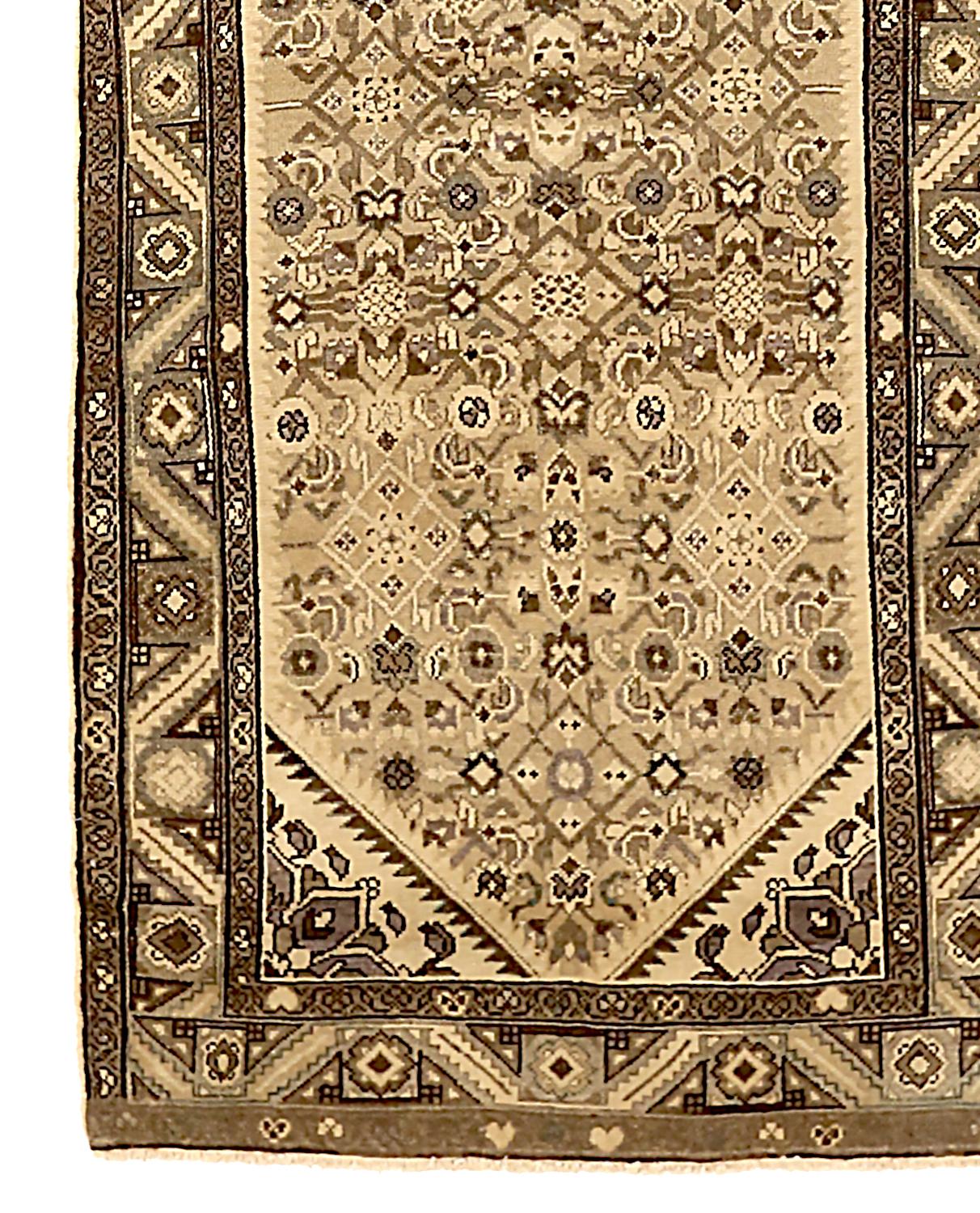 Other Antique Persian Hamadan Runner Rug with Geometric-Floral Design on Ivory Field For Sale