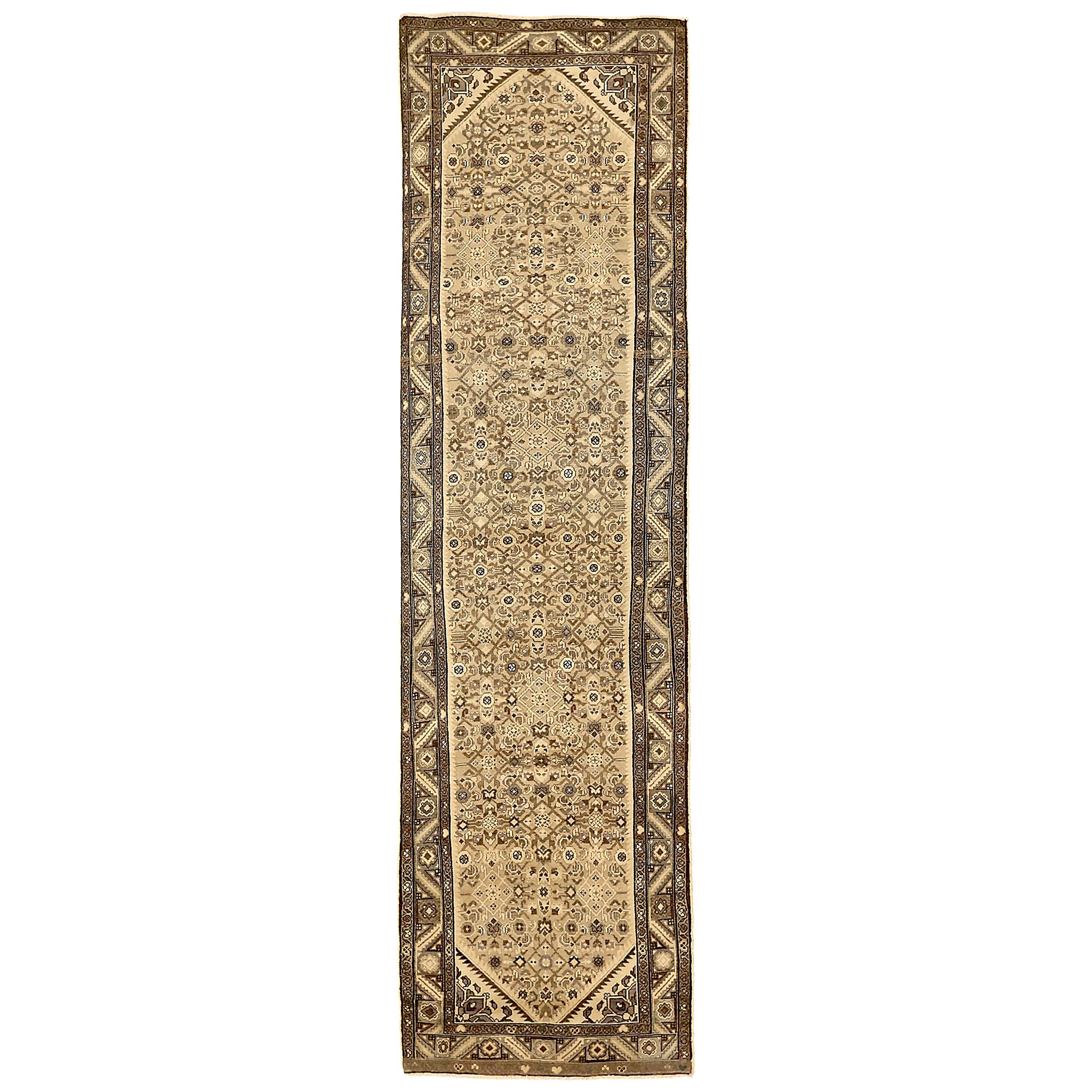 Antique Persian Hamadan Runner Rug with Geometric-Floral Design on Ivory Field For Sale