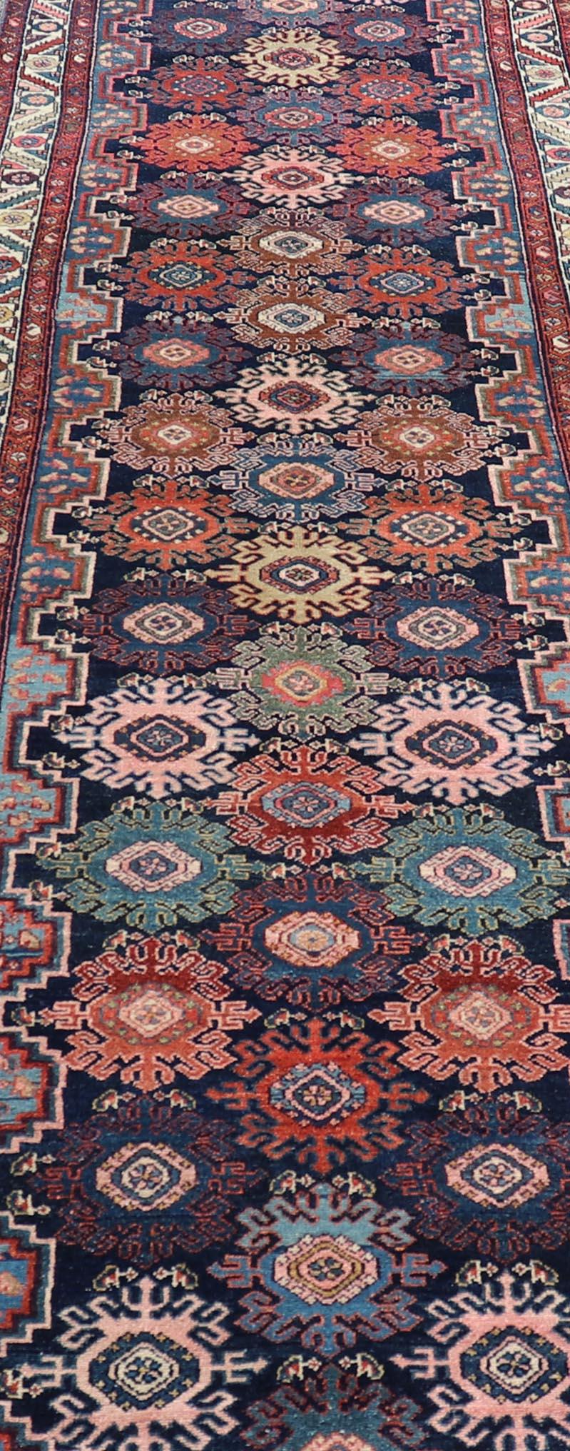 Antique Persian Hamadan Runner with All-Over Geometric Motifs In Jewel Tones For Sale 3