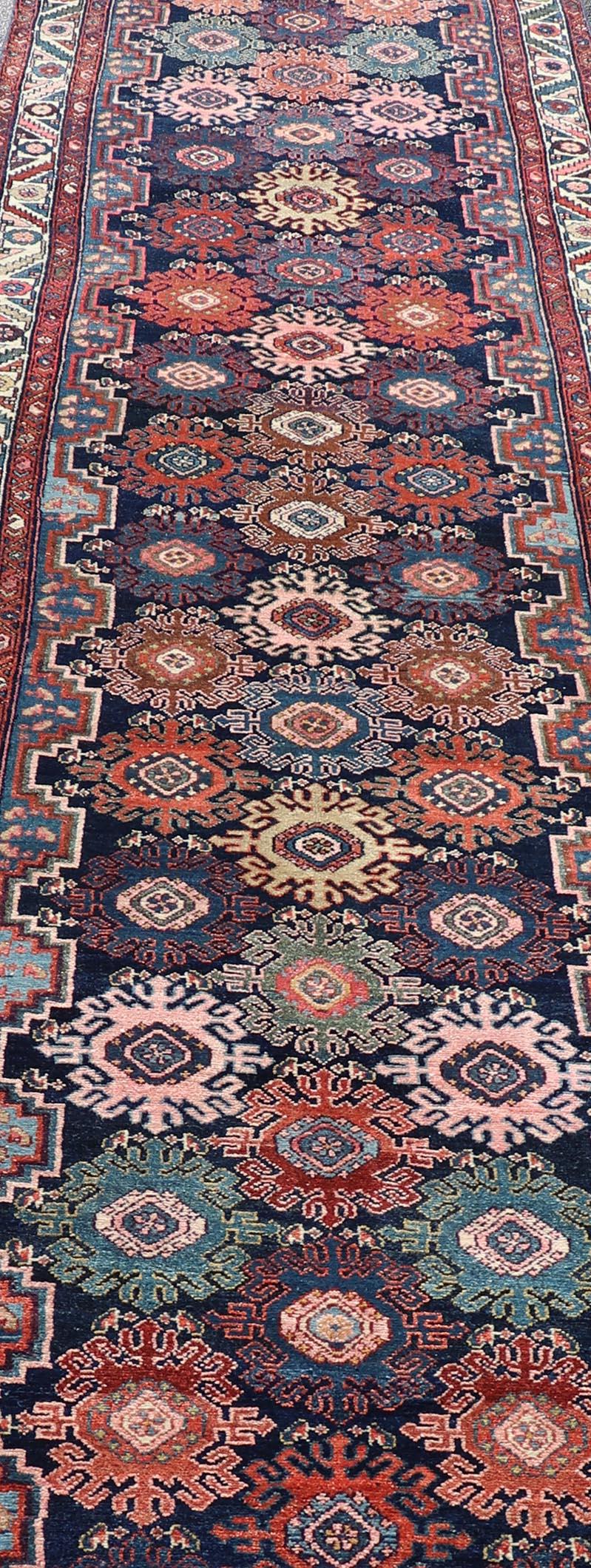 Antique Persian Hamadan Runner with All-Over Geometric Motifs In Jewel Tones For Sale 4