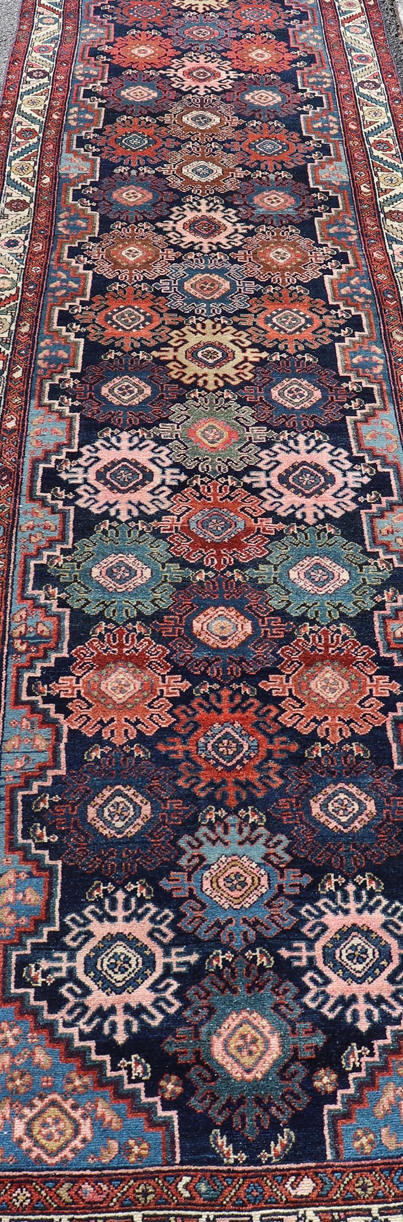 Antique Persian Hamadan Runner with All-Over Geometric Motifs In Jewel Tones For Sale 6