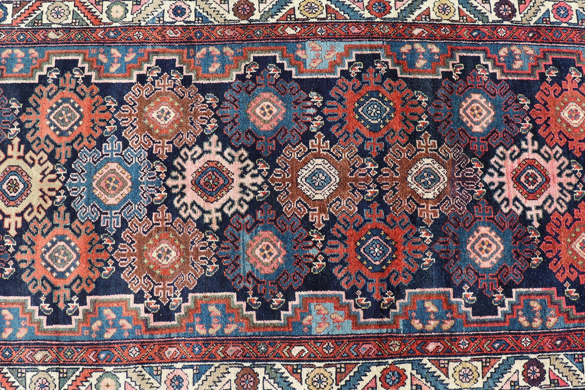 Malayer Antique Persian Hamadan Runner with All-Over Geometric Motifs In Jewel Tones For Sale