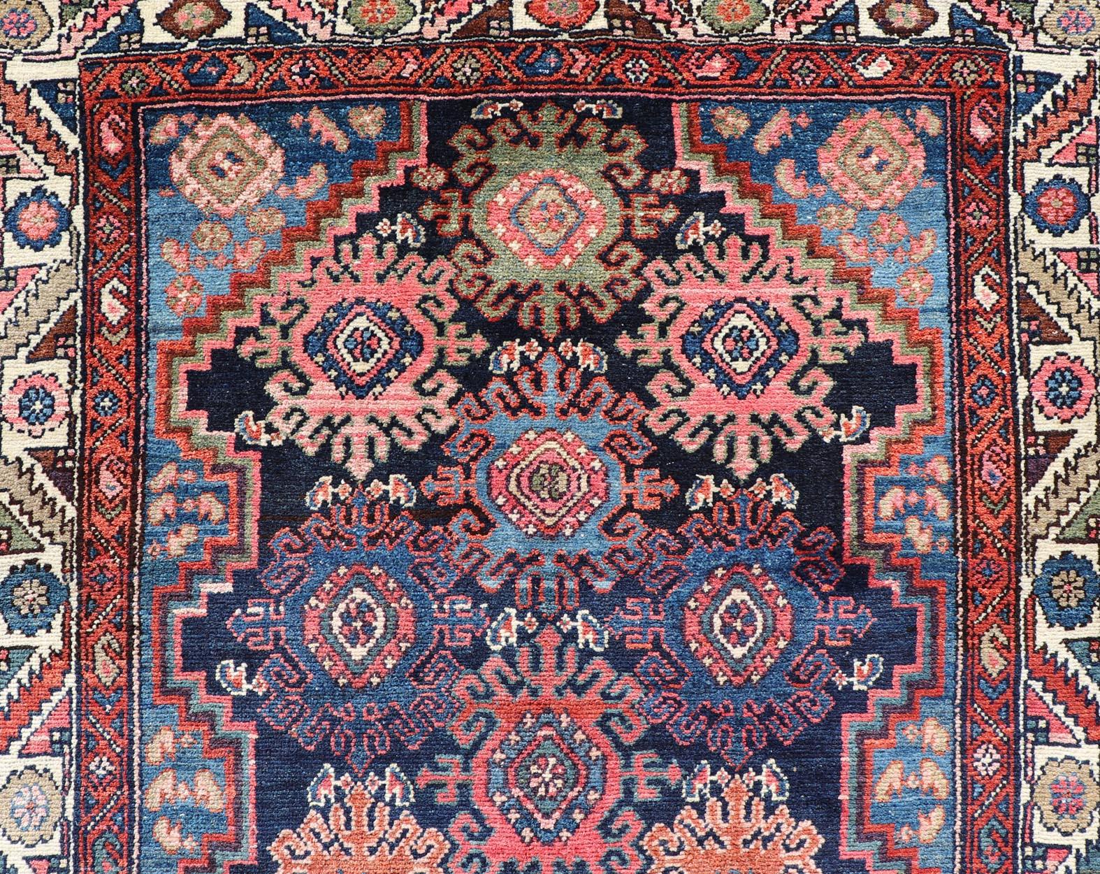 Hand-Knotted Antique Persian Hamadan Runner with All-Over Geometric Motifs In Jewel Tones For Sale