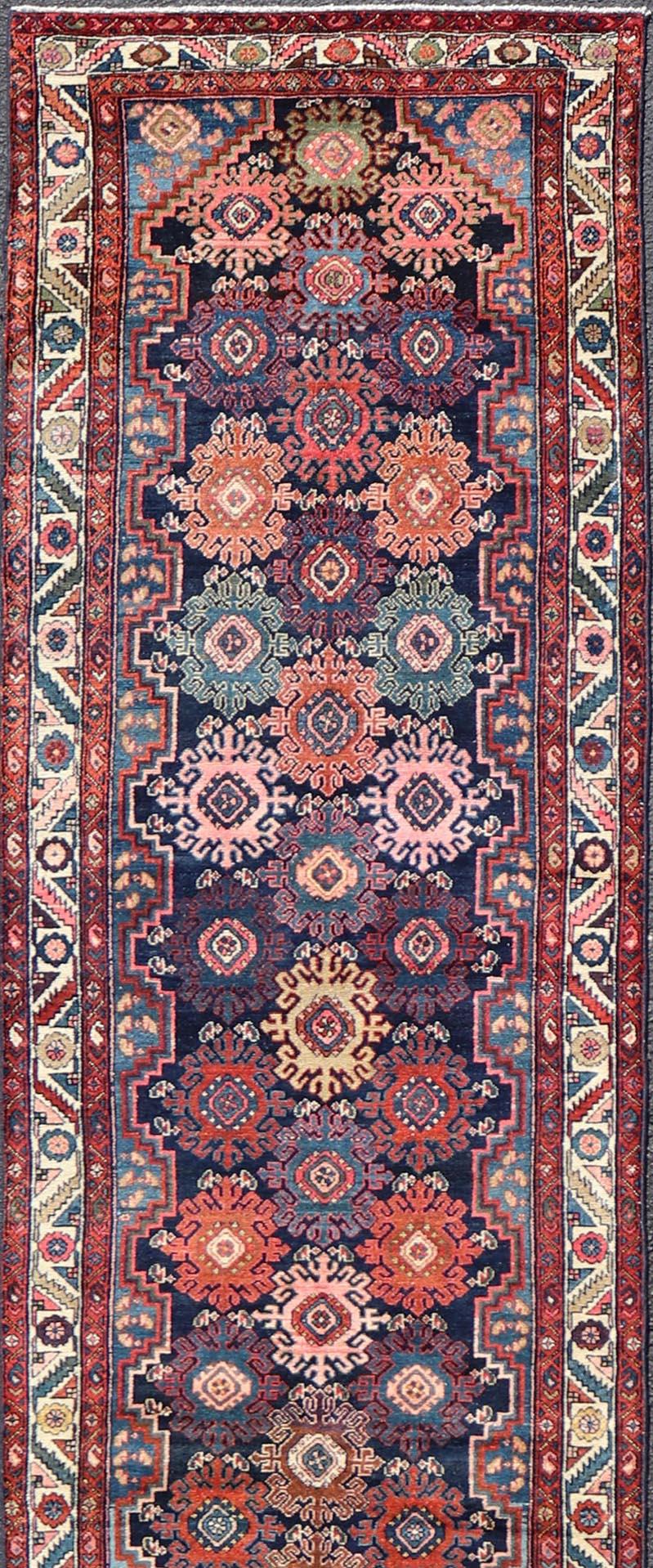 Wool Antique Persian Hamadan Runner with All-Over Geometric Motifs In Jewel Tones For Sale