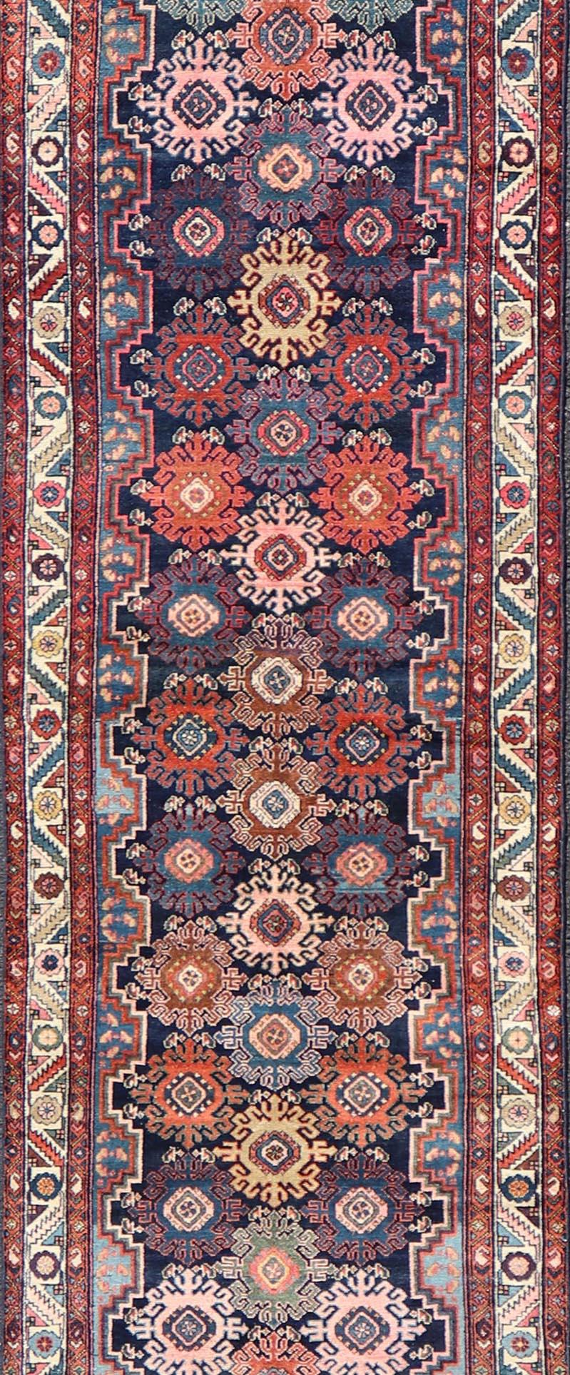 Antique Persian Hamadan Runner with All-Over Geometric Motifs In Jewel Tones For Sale 1