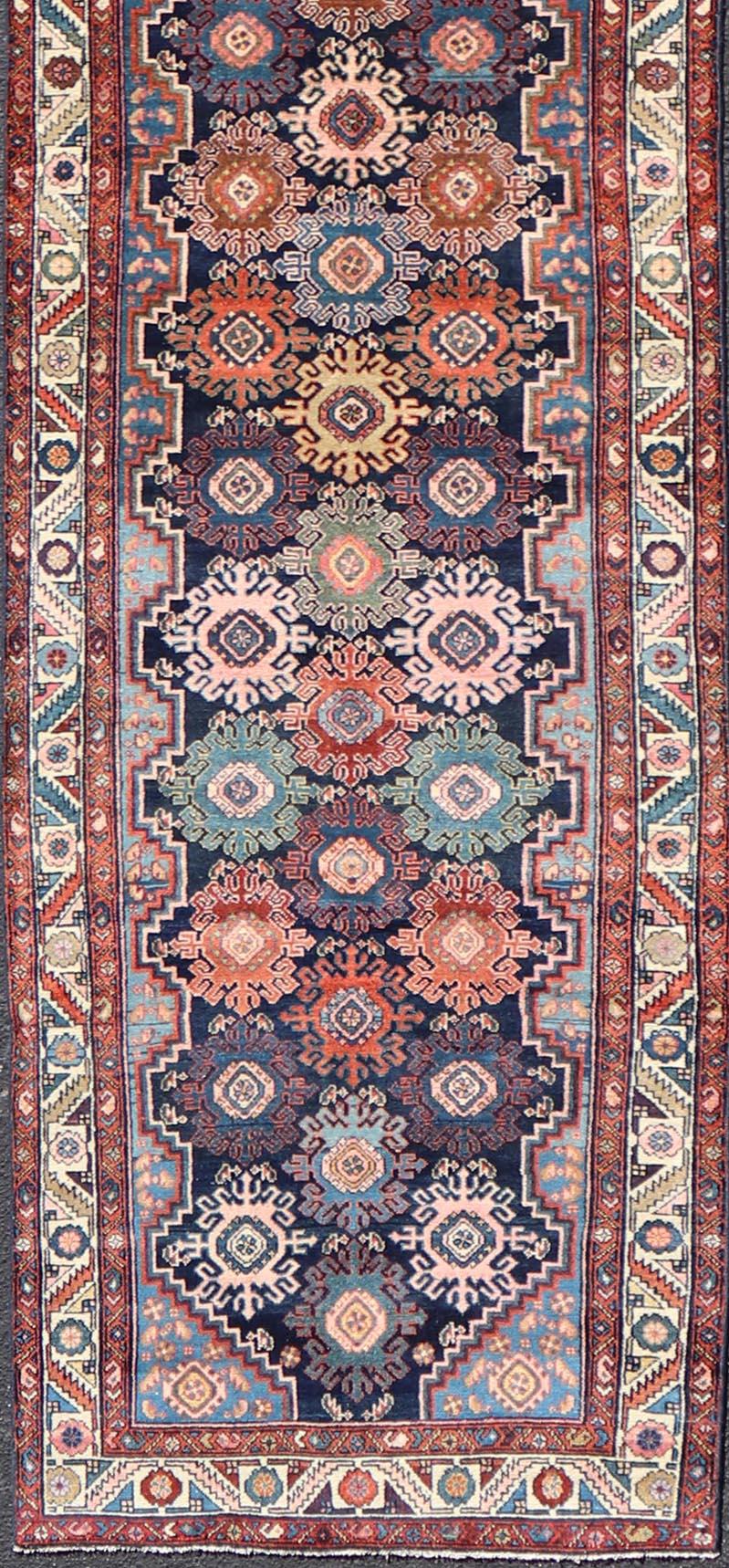 Antique Persian Hamadan Runner with All-Over Geometric Motifs In Jewel Tones For Sale 2