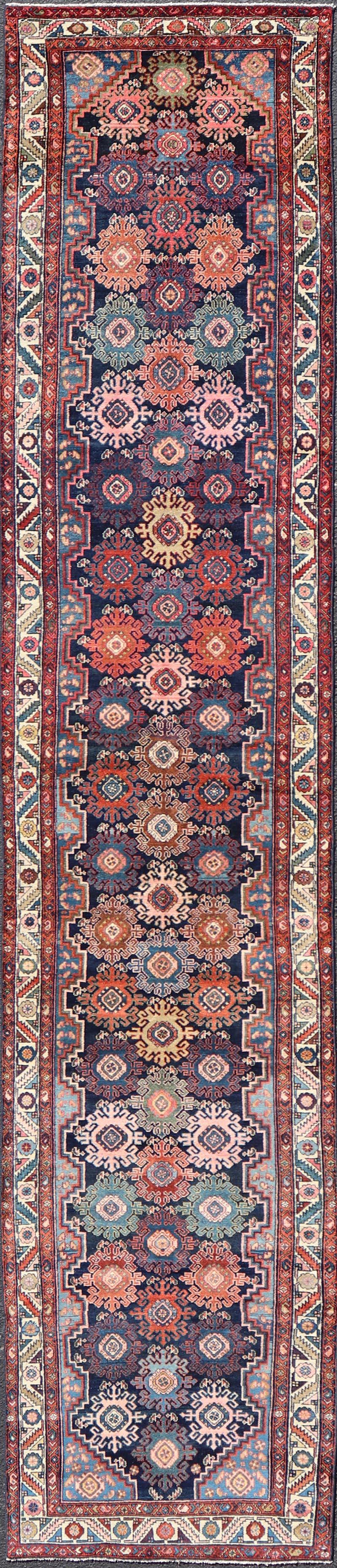 Antique Persian Hamadan Runner with All-Over Geometric Motifs In Jewel Tones For Sale