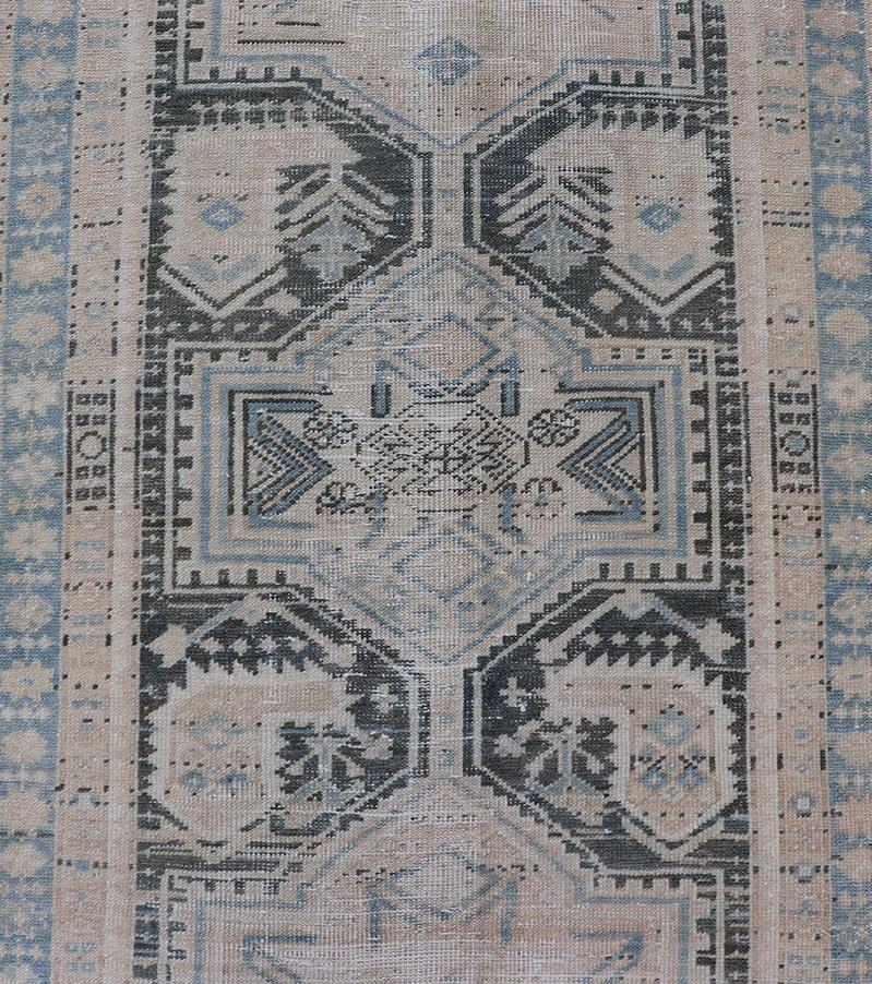 Measures: 2'10 x 10'3 
Antique Persian Hamadan Runner with All-Over Medallion Design in Lt. Blue. Keivan Woven Arts; rug EMB-22157-15058, country of origin / type: Iran / Hamadan, circa 1920.
This antique Persian Hamadan rug has been hand-knotted in
