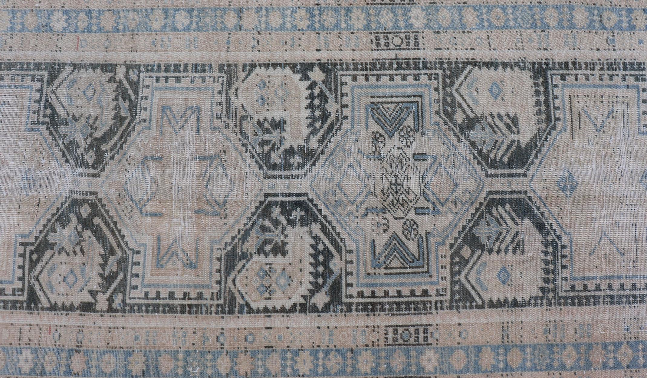 Antique Persian Hamadan Runner with All-Over Medallion Design in Lt. Blue  In Good Condition For Sale In Atlanta, GA