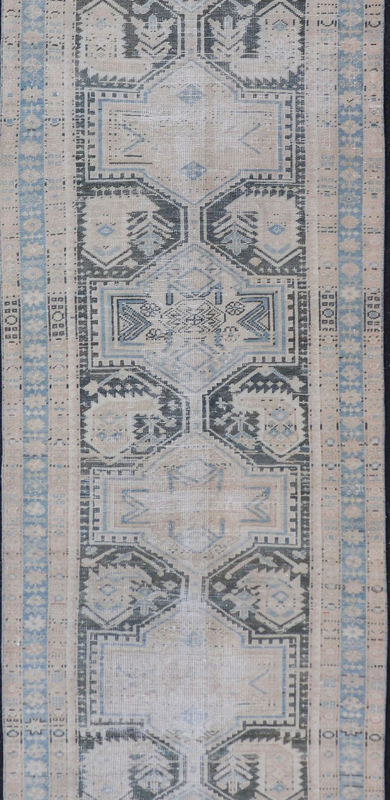 Wool Antique Persian Hamadan Runner with All-Over Medallion Design in Lt. Blue  For Sale