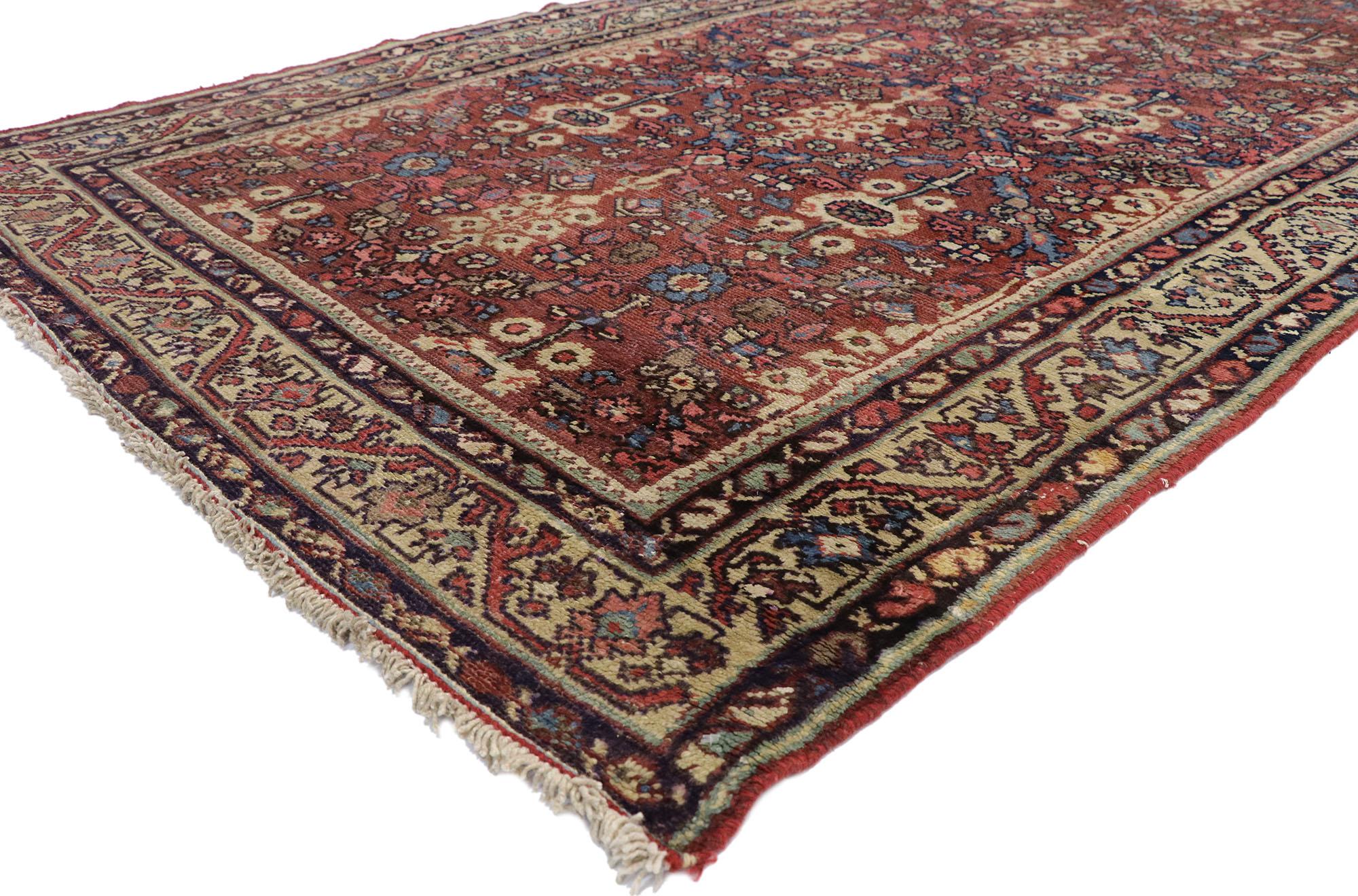 75784 Antique Persian Hamadan Runner with Guli Hinnai Flower, Persian Hallway Runner. This hand knotted wool antique Persian Hamadan runner features an all-over floral lattice pattern composed of the Guli Henna which is the Flower of Hinnai also