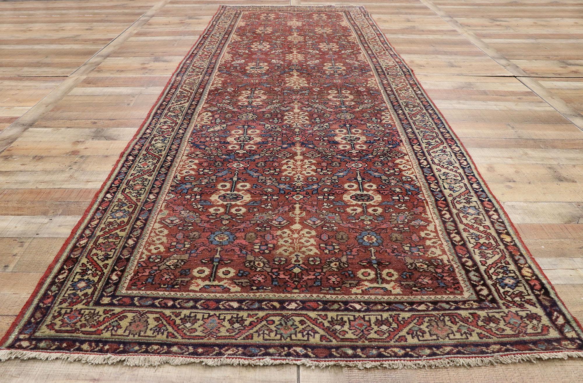 Antique Persian Hamadan Runner with Guli Hinnai Flower, Persian Hallway Runner In Distressed Condition For Sale In Dallas, TX