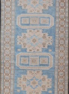 Antique Persian Hamadan Runner with Medallions in Light Blue, Camel and Brown