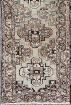 Antique Persian Hamadan Runner with Geometric Medallion Design in Neutral Tones